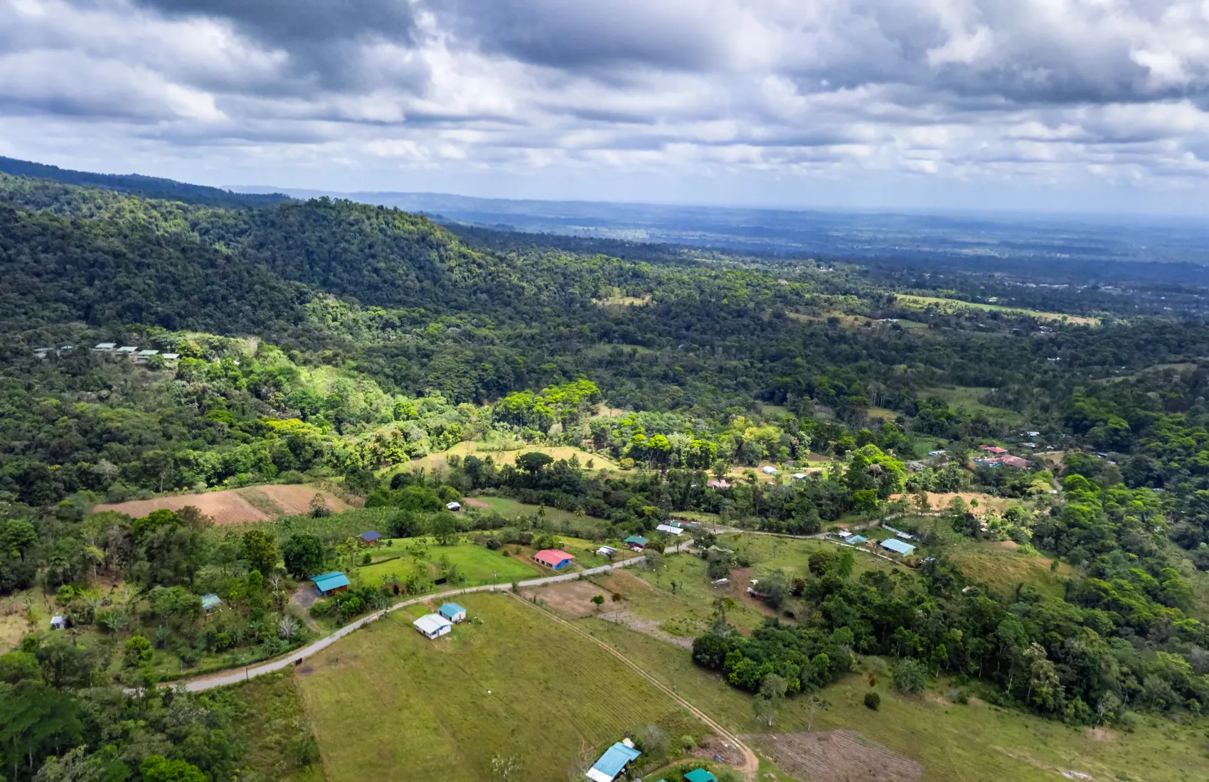Farms, homes and a country road in the hills of San Carlos